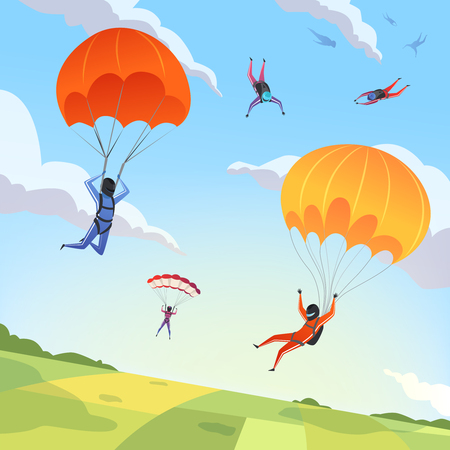 Parachute jumpers sky. Extreme sport hobbies adrenaline character flying action pose skydiving paraplanners vector cartoon background. Skydiving extreme, jumper parachuting illustrationのイラスト素材
