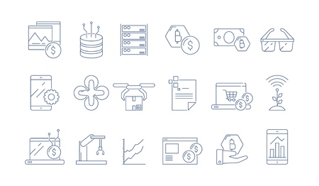 High tech technology icon. Modern business software headset advanced engineering augmented reality vector thin outline symbols. Illustration of digital innovation technologyのイラスト素材