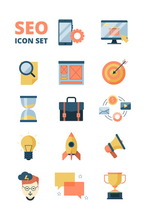 Social media icon. Promotion web advertizing startup media email marketing business and seo symbols vector flat pictures. Illustration of optimization and management analysis, idea and solutionのイラスト素材
