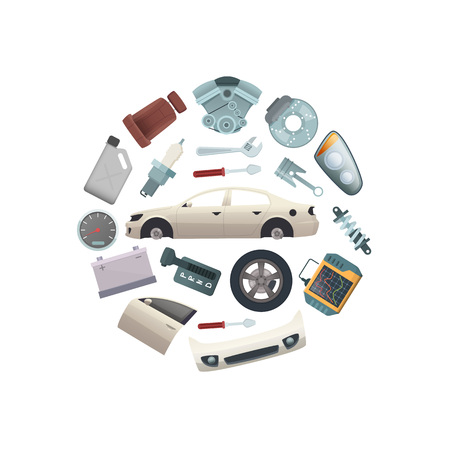 Vector car parts in circle shape illustration isolated on white backgroundのイラスト素材