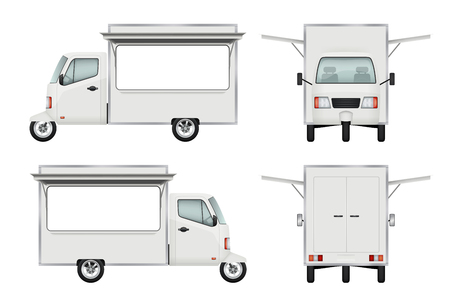 Food truck realistic. Fast food delivery motorbike transport open truck window catering service vector 3d illustrations. Illustration of delivery motorbike, car scooterのイラスト素材