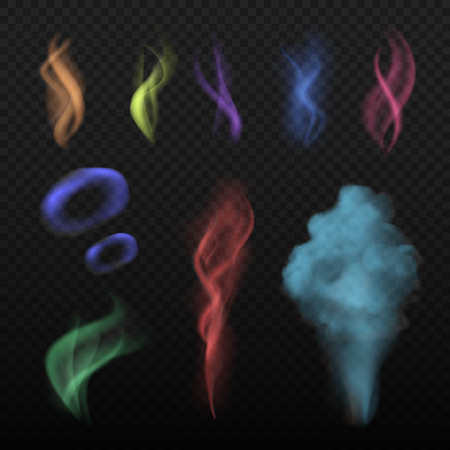 Colored smoke. Steam and smell spread buring haze colorful vector collection realistic set. Illustration of color smoke, steam and smell, perfume realistic and vapor aromaのイラスト素材