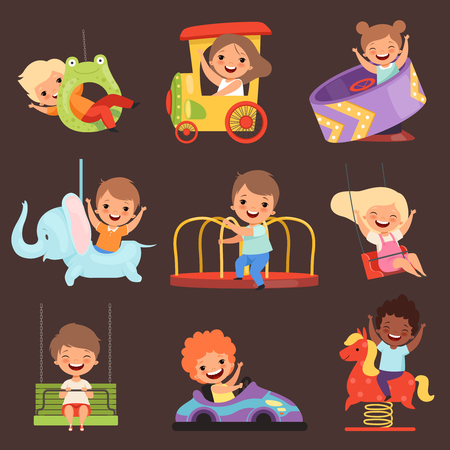 Amusement park kids. Playing happy and funny childrens boys and girls in attractions ride friends vector cartoon people. Amusement entertainment boy and girl illustrationのイラスト素材