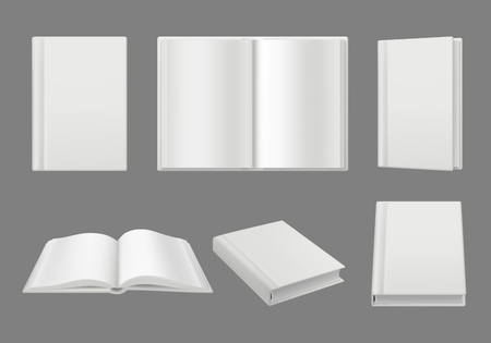 Books cover template. Clean white 3d pages isolated brochure or magazine vector realistic mockup. Illustration of textbook and book page mock-upのイラスト素材