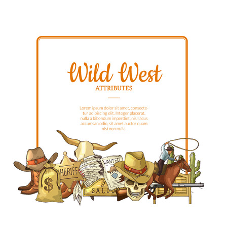 Vector hand drawn wild west cowboy elements below frame with place for text illustration. West cowboy and wild horse, sheriff americanのイラスト素材