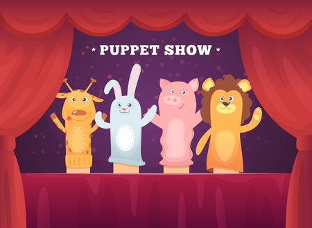 Puppet show. Red curtains theatre performance for kids stage with socks toys for hands cartoon background. Illustration of show puppet, toy doll entertainmentのイラスト素材
