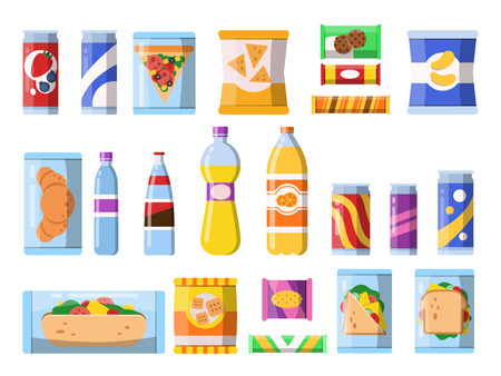 Beverages food. Plastic containers fastfood drinks and snacks candy biscuits chips vector flat illustrations isolated. Candy and beverage, sandwich and drinkのイラスト素材