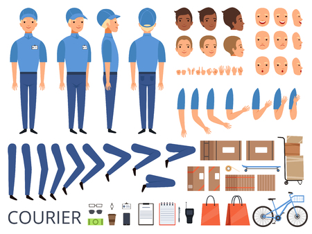 Courier box character animation. Body parts head arms cap hands of warehouse worker faces vector creation kit. Illustration of delivery animation worker manのイラスト素材