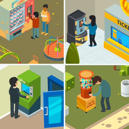 Vending machines. People drinking eating fast food snacks chips ice cream buying in automatic shop vector concept isometric pictures. Vending machine isometric, service food technology illustrationのイラスト素材
