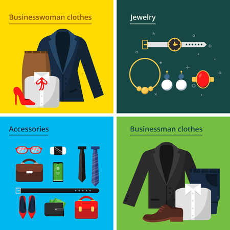 Business clothes. Male and female office wardrobe business style skirt suit jacket hat bag and self items vector concept illustration. Business clothing female and male, wardrobe and self jewelryのイラスト素材