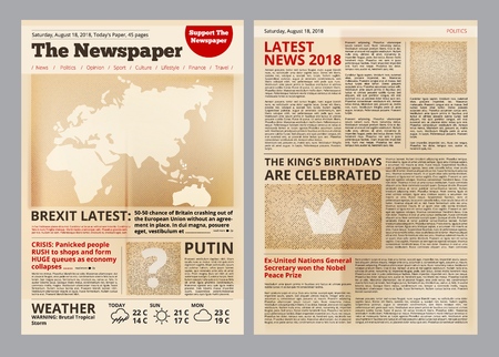 Old newspaper. Vintage antique paper of magazine pages with editing text and images template vector layout. Newspaper antique with text page illustrationのイラスト素材