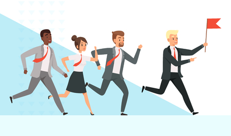 Business people running. Workers managers male female goes with their mentor leader director red flag hand leadership vector concept. Leader business with flag, leadership man manager illustrationのイラスト素材