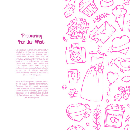 Vector doodle wedding elements background with place for text illustration. Holiday banner wedding, calendar and camera, dress and envelopeのイラスト素材