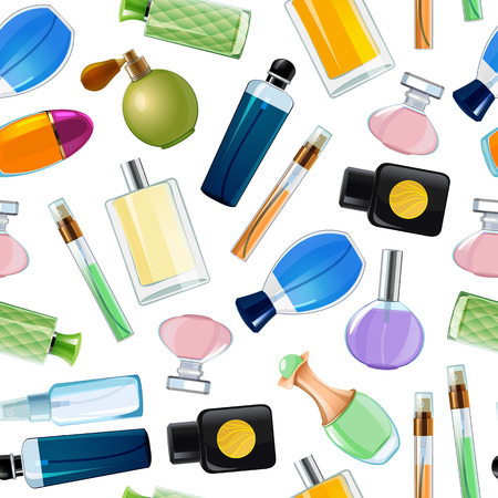 Vector perfume bottles pattern or background illustration. Seamless pattern perfume, bottle vial glass with fragrance aromaのイラスト素材