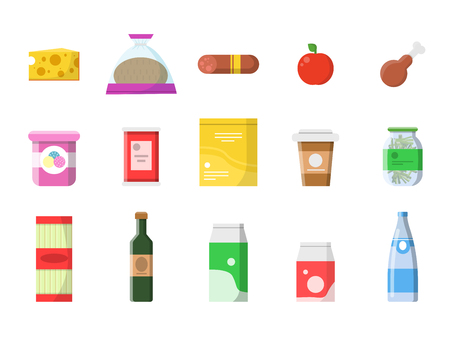 Food market. Grocery basket with products sausage milk fruit wine macaroni cheese vector flat pictures isolated. Food market, milk and meat, sausage and bread illustrationのイラスト素材