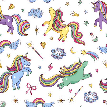Vector cute hand drawn magic unicorns and stars pattern or background illustration. Unicorn and magic pony with hornのイラスト素材