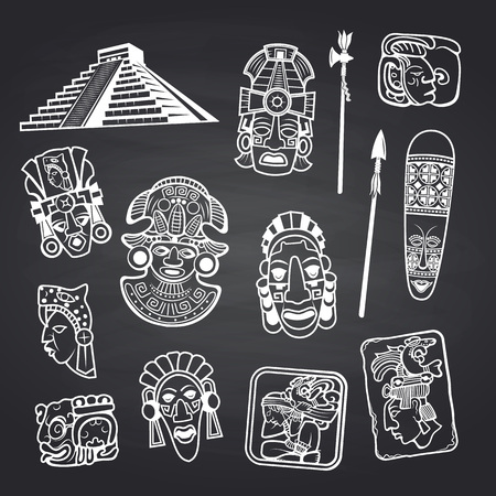Vector cartoon aztec and maya mask elements set on black chalkboard background illustration. Aztec mask ethnic, idol ritual artworkのイラスト素材