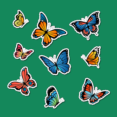 Vector decorative colored butterflies stickers set illustration. Insect butterfly sticker, spring and summerのイラスト素材