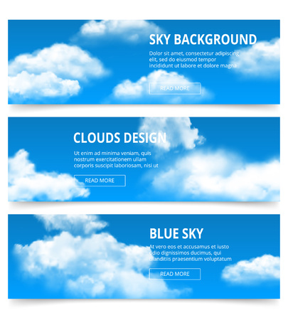 Cloudy sky banners. Realistic clouds weather condensation blue afternoon vector template with place for your text. Illustration of cloudscape fluffy web card collectionのイラスト素材