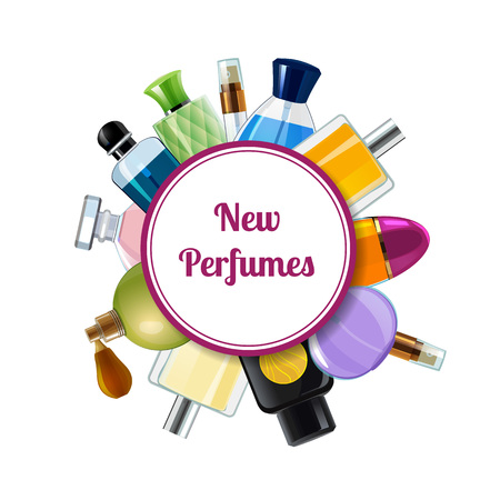 Vector perfume bottles under circle with place for text illustration. Set of bottle perfume vial, colored badge or emblemのイラスト素材