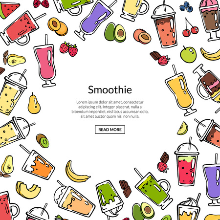 Vector doodle colored smoothie drink background illustration. Banner smoothie fruit fresh drink, cocktail deliciousのイラスト素材