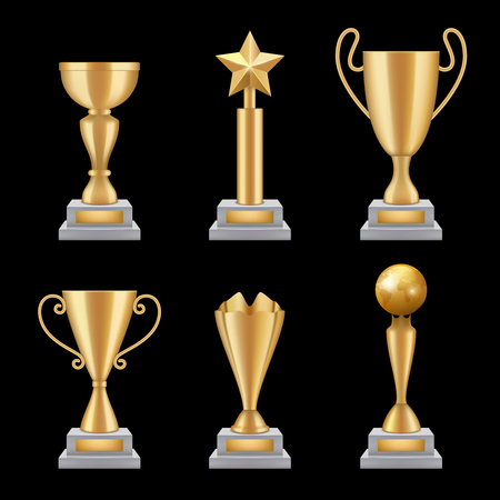 Award trophies realistic. Golden cup sport success star symbols vector 3d illustrations isolated. Gold award and trophy, victory sportのイラスト素材