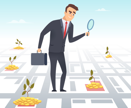 Business investor. Office manager director business successful person search finance opportunities magnifying looking at map. Illustration business investment finance, investor with magnifying glassのイラスト素材