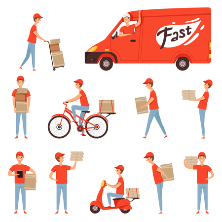 Pizza delivery characters. Van and motorcycle or moped for delivery man fast business service restaurant transport vector pictures. Motorcycle and moped, courier pizza on scooter illustrationのイラスト素材