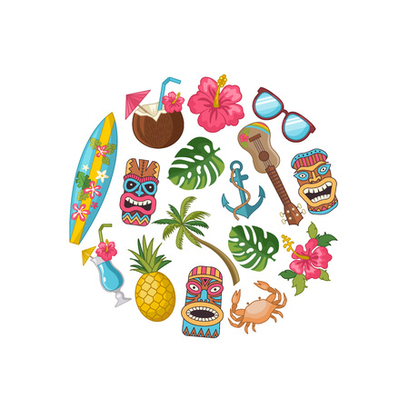 Vector cartoon summer travel elements in circle shape illustration. Hawaii surf and totem mask, guitar and cocktailのイラスト素材
