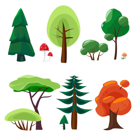 Nature elements collection. Game ui set of plants stones trees moss nature vector cartoon symbols isolated. Green tree forest and mushroom illustrationのイラスト素材