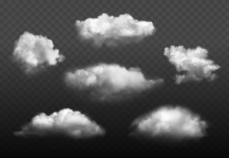 Clouds realistic. Blue cloudy sky weather elements vector picture set. Cloudy air environment, cloudscape atmosphere smoky illustrationのイラスト素材