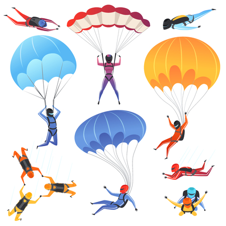 Extreme parachute sport. Adrenaline characters jumping paragliding and skydiving fly aerodynamics vector picture isolated. Skydiver jumping, parachuting sport, paragliding illustrationのイラスト素材