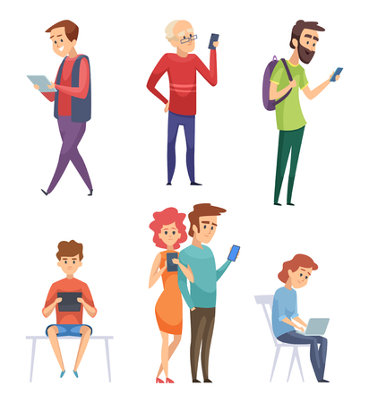 People with gadgets. Male female kids student lifestyle smartphones tablets laptop mobile phone chatting smart pad vector characters. Illustration of female and male with phone and tabletのイラスト素材