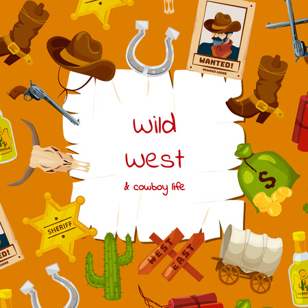 Vector cartoon wild west elements background with place for text illustration. Wild west, western and horseshoe, cactus and cap sheriffのイラスト素材
