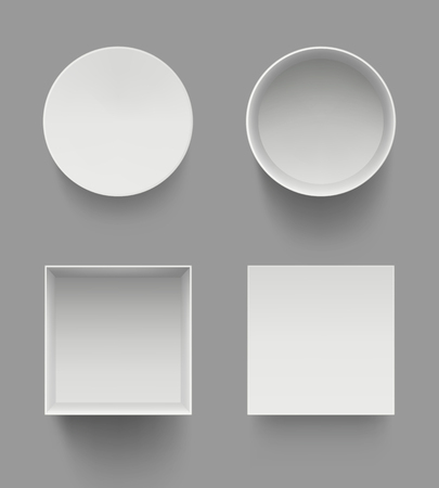 Boxes top view. Gifts present open white cases template vector mockup isolated. Illustration of gift box cardboard, blank container emptyのイラスト素材