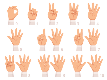 Hands gesture numbers. Human palm and fingers show different numbers vector cartoon illustration. Gesture human hand, gesturing different numbersのイラスト素材