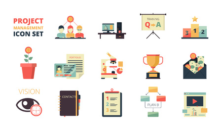 Project planning icon. Business strategy management processes map plan development dashboard crm system infographic vector flat symbols. Illustration of organization and management projectのイラスト素材