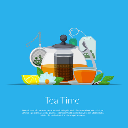 Vector cartoon tea kettle and cup in paper pocket illustration. Kettle for tea, teapot and teabag bannerのイラスト素材