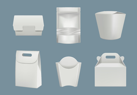 Food packaged. Blank cardboard and plastic package for products fast delivery vector realistic mockup. Illustration of package and pack for fast food deliveryのイラスト素材