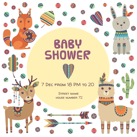 Baby shower label. Ethnic cute little animals fox squirrel deer and llama with tribal pattern and feathers vector poster template. Illustration of baby shower announcement, birth celebrationのイラスト素材
