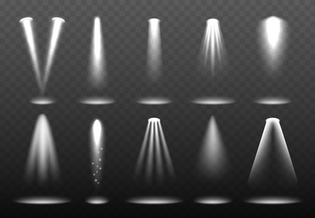 White realistic lights. Shining spotlight projection bright lightning stage vector environment visualization. Illustration of effect ray, beam bright of floodlightのイラスト素材