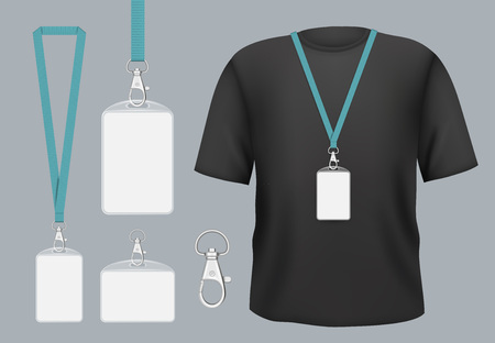 Badges mockup. Presentation tag access business badges with personal name or id vector template. Pass tag badge on lanyard, identity corporate and authentication registration member illustrationのイラスト素材