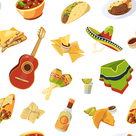Vector cartoon mexican food pattern or background illustration. Background seamless mexican taco, maracas and tequilaのイラスト素材