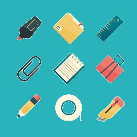 Stationery icon set. Pencil eraser pen paperclip stapler highlighter office supply equipment vector flat symbols. Illustration of stationery pen and notebook, office pencil and eraserのイラスト素材