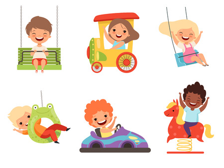 Children amusement park. Happy kids sitting and playing various attractions games smiling male female boys and girls vector characters. Illustration of boy and girl, amusement and entertainmentのイラスト素材