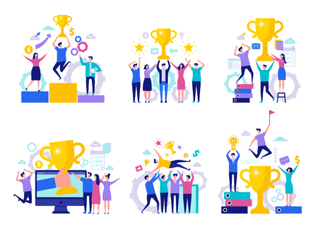 Business victory concept. Successful happy finance managers director winning rewards team with cups vector characters. Illustration of business success, businessman achievementのイラスト素材