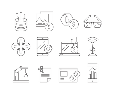 Business and technology icons. Software program sync internet network construction thin line symbols isolated. Futuristic technology, cryptocurrency and automation robotic. Vector illustrationのイラスト素材