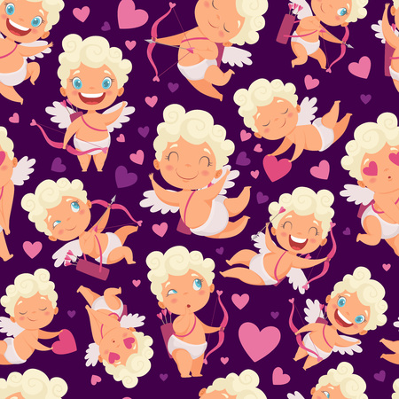 Angels seamless pattern. Love valentines day pink hearts cute angels with bow vector cartoon characters background. Illustration of valentine angel and amour characterのイラスト素材