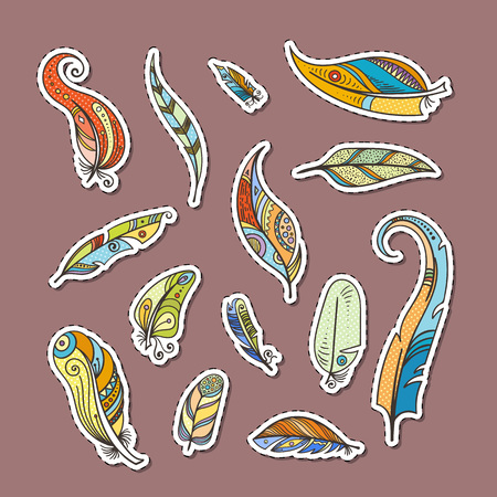 Vector boho doodle feathers stickers set illustration. Collection of colored featherのイラスト素材