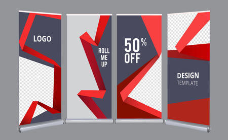 Roll up banners. Advertizing stand office mall presentation vertical poster vector template. Illustration of presentation layout vertical stand, advertising panelのイラスト素材